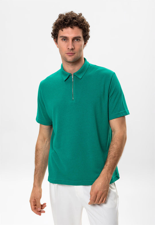 Men's Green Polo Neck Zippered  T-Shirt - Wessi
