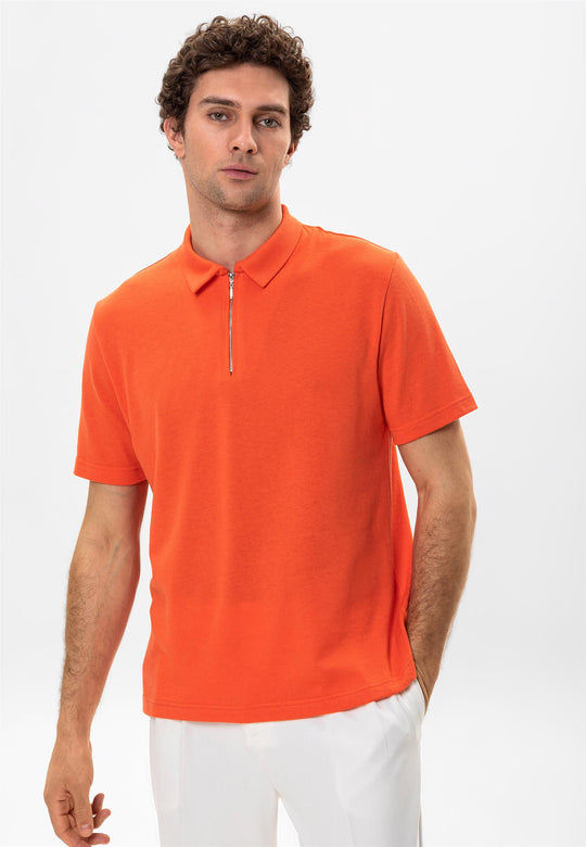Men's Salmon Polo Neck Zippered  T-Shirt - Wessi