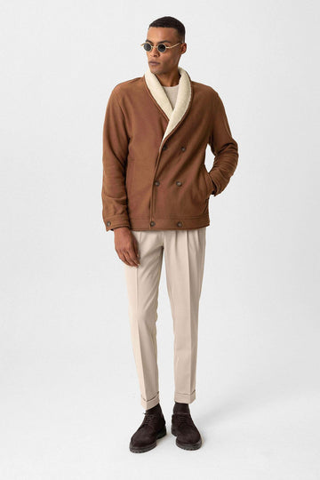Tan جاكيت رجالي بياقة متباينة مع تفاصيل بطانة - ويسي
