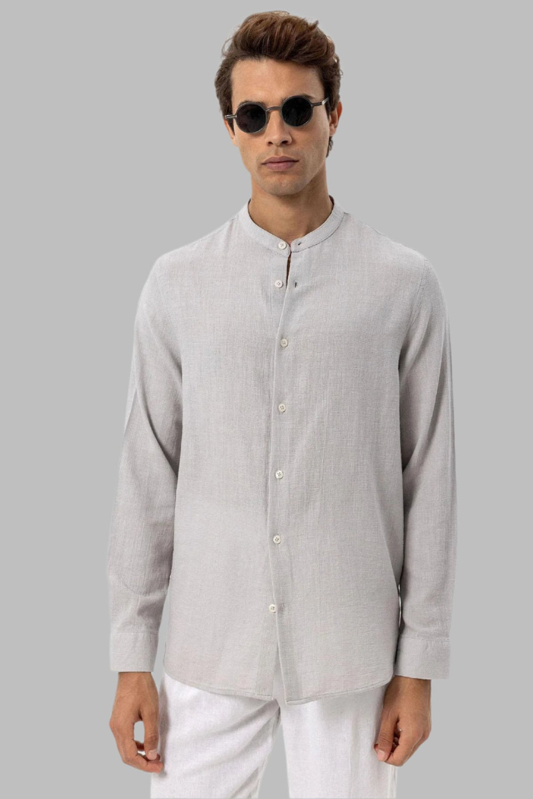 Men's Stone Mandarin Collar Woven Shirt - Wessi