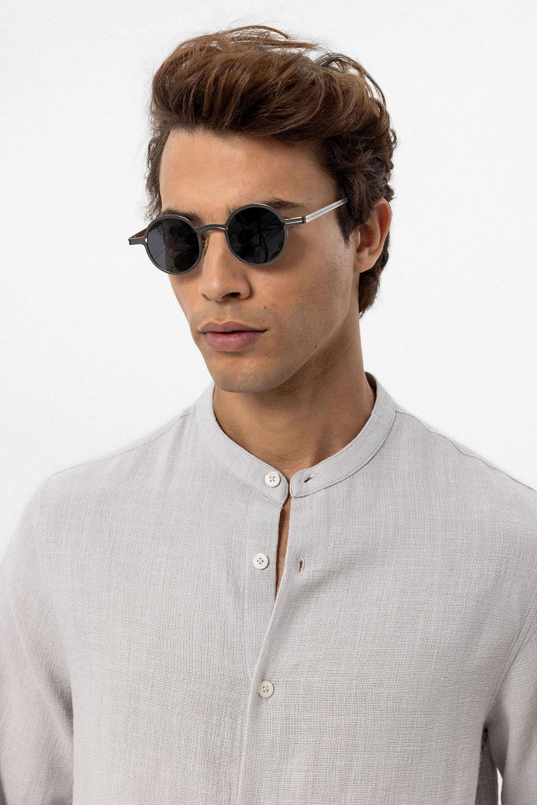 Men's Stone Mandarin Collar Woven Shirt - Wessi