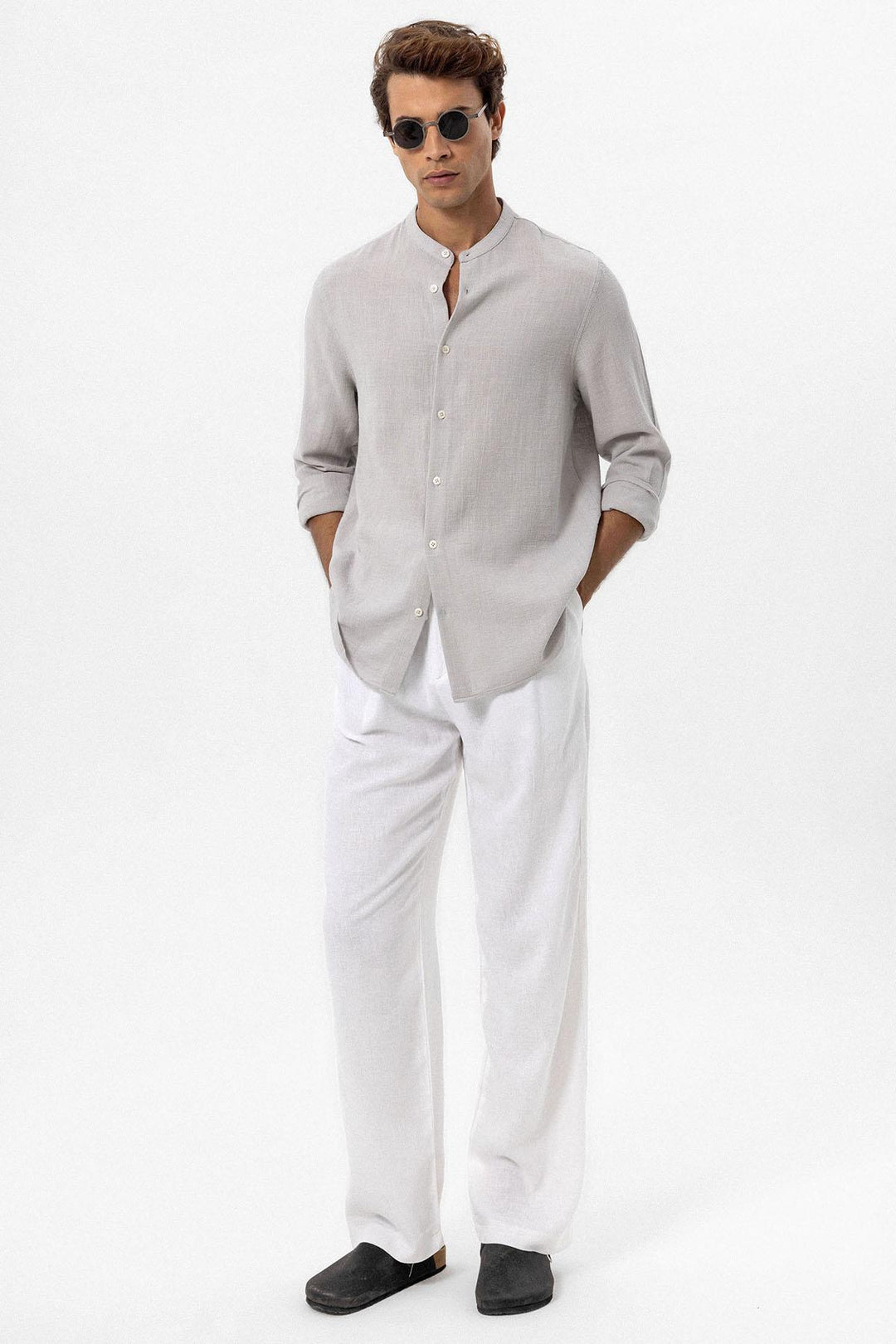 Men's Stone Mandarin Collar Woven Shirt - Wessi