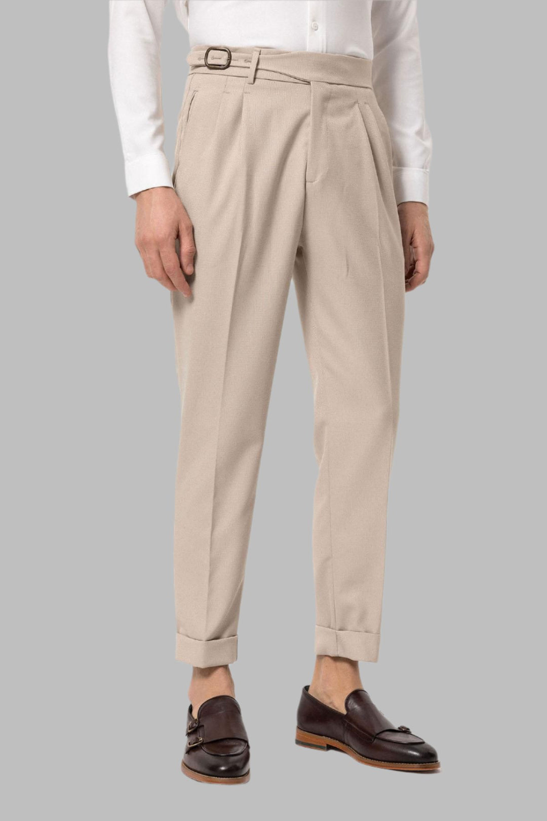 Stone High-Waisted Pleated Men's Trousers with Buckle Detail - Wessi