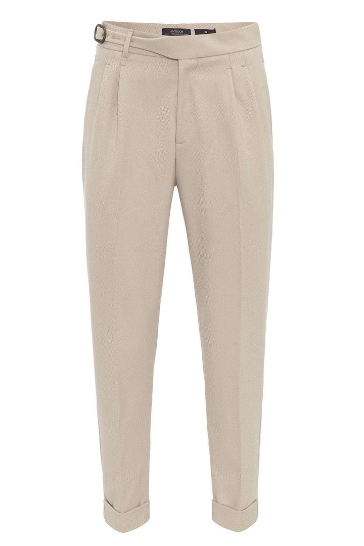 Stone High-Waisted Pleated Men's Trousers with Buckle Detail - Wessi