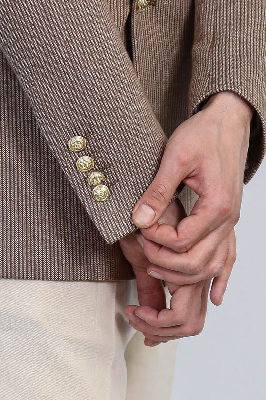 Sand Beige Pinstriped Slim Fit Double-Breasted Blazer with Gold Metal Buttons – Wessi