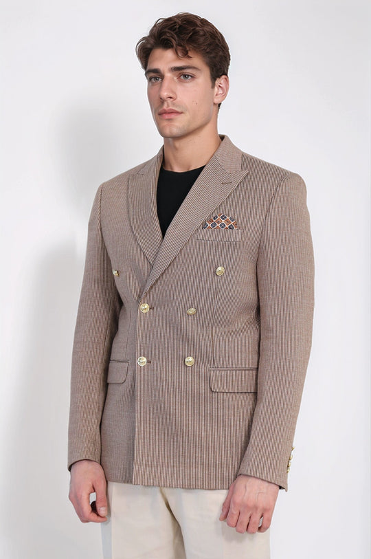 Sand Beige Pinstriped Slim Fit Double-Breasted Blazer with Gold Metal Buttons – Wessi