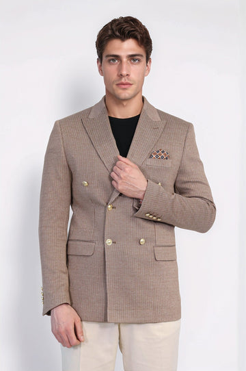 Sand Beige Pinstriped Slim Fit Double-Breasted Blazer with Gold Metal Buttons – Wessi