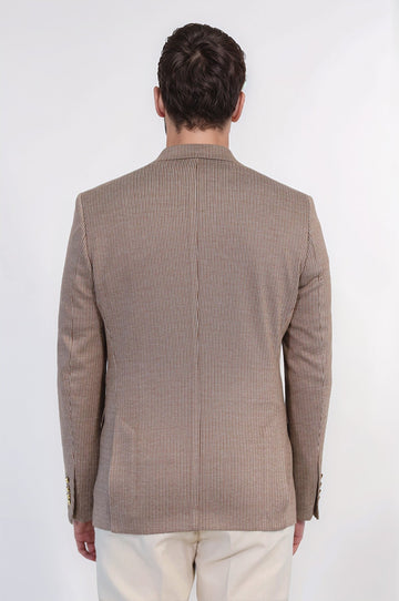 Sand Beige Pinstriped Slim Fit Double-Breasted Blazer with Gold Metal Buttons – Wessi