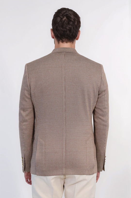Sand Beige Pinstriped Slim Fit Double-Breasted Blazer with Gold Metal Buttons – Wessi