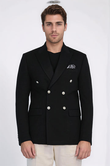 Black Solid Slim Fit Double-Breasted Blazer with Silver Metal Buttons – Wessi