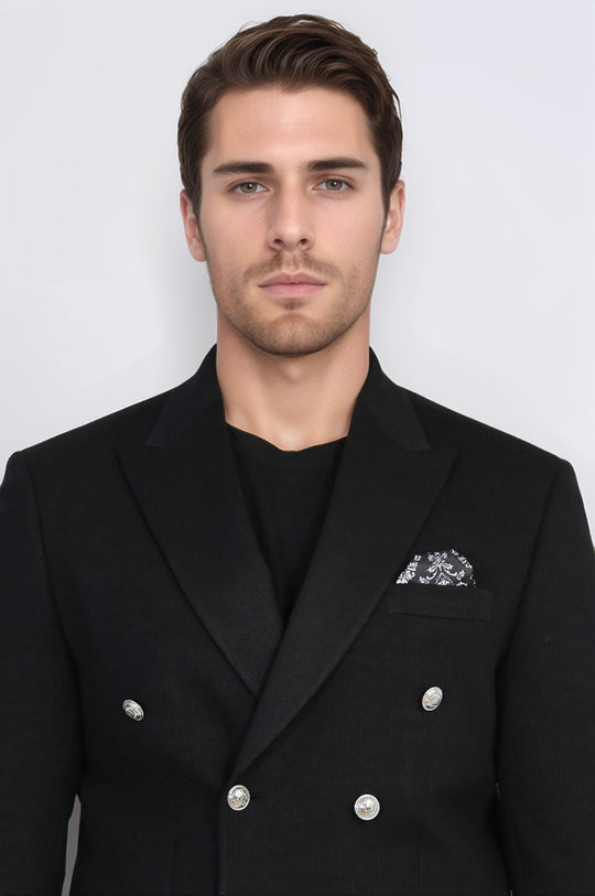 Black Solid Slim Fit Double-Breasted Blazer with Silver Metal Buttons – Wessi