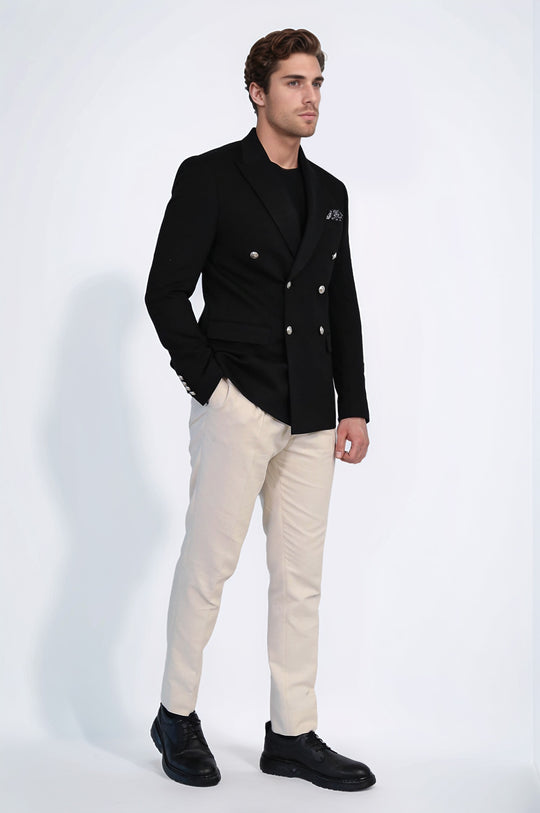 Black Solid Slim Fit Double-Breasted Blazer with Silver Metal Buttons | Wessi Wessi - Discover Diversity Black Solid Slim Fit Double-Breasted Blazer with Silver Metal Buttons | Wessi Wessi - Discover Diversity