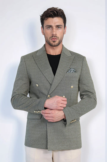 Olive Green Pinstriped Slim Fit Double-Breasted Blazer with Gold Metal Buttons – Wessi