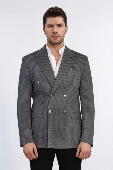Black Pinstriped Slim Fit Double-Breasted Blazer with Silver Metal Buttons – Wessi