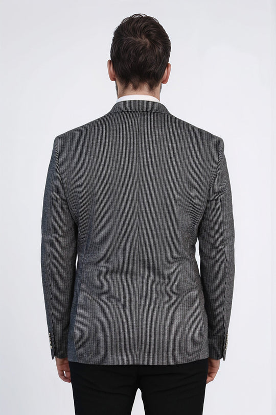 Black Pinstriped Slim Fit Double-Breasted Blazer with Silver Metal Buttons – Wessi