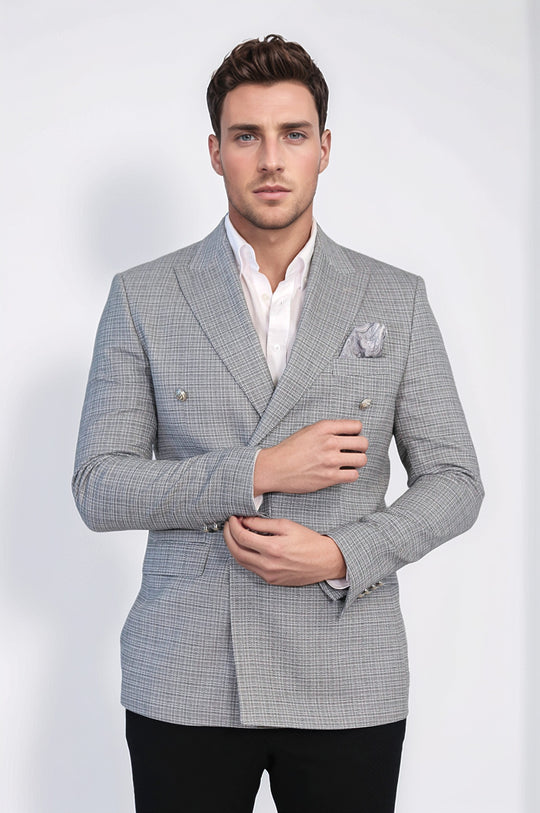 Black Micro-Check Slim Fit Double-Breasted Blazer with Silver Metal Buttons – Wessi
