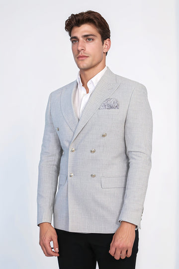 Gray Micro-Check Slim Fit Double-Breasted Blazer with Silver Metal Buttons – Wessi