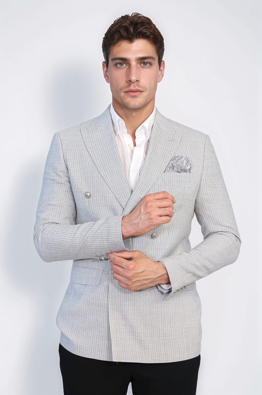 Gray Micro-Check Slim Fit Double-Breasted Blazer with Silver Metal Buttons – Wessi