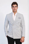 Gray Micro-Check Slim Fit Double-Breasted Blazer with Silver Metal Buttons – Wessi