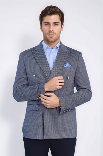 Navy Pinstriped Slim Fit Double-Breasted Blazer with Silver Metal Buttons – Wessi