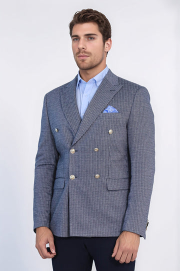 Navy Pinstriped Slim Fit Double-Breasted Blazer with Silver Metal Buttons – Wessi