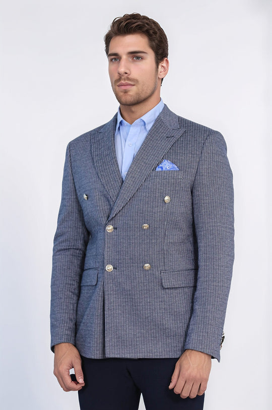 Navy Pinstriped Slim Fit Double-Breasted Blazer with Silver Metal Buttons – Wessi