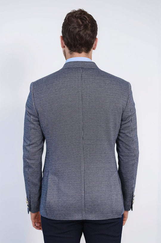 Navy Pinstriped Slim Fit Double-Breasted Blazer with Silver Metal Buttons – Wessi
