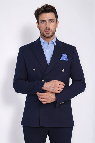 Navy Blue Solid Slim Fit Double-Breasted Blazer with Silver Metal Buttons – Wessi