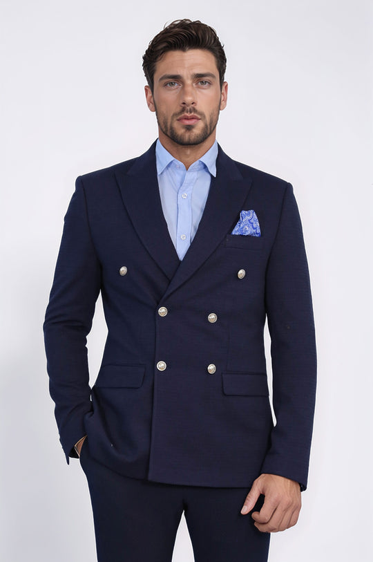 Navy Blue Solid Slim Fit Double-Breasted Blazer with Silver Metal Buttons | Wessi Wessi - Discover Diversity Navy Blue Solid Slim Fit Double-Breasted Blazer with Silver Metal Buttons | Wessi Wessi - Discover Diversity