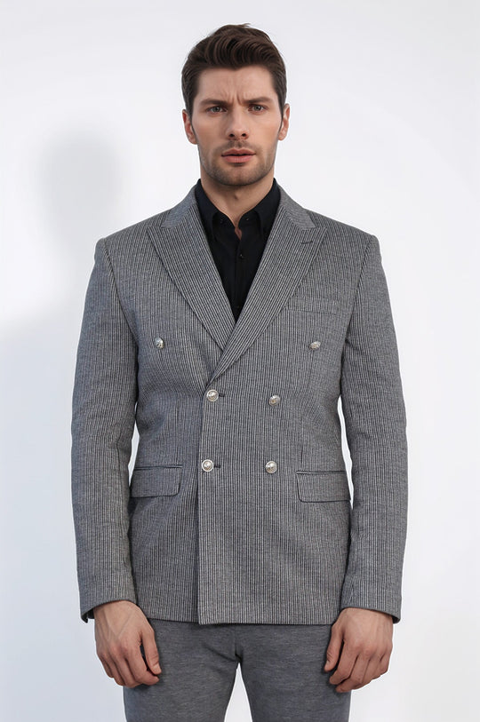 Anthracite Pinstriped Slim Fit Double-Breasted Blazer with Silver Metal Buttons – Wessi