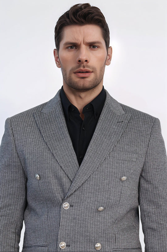 Anthracite Pinstriped Slim Fit Double-Breasted Blazer with Silver Metal Buttons – Wessi