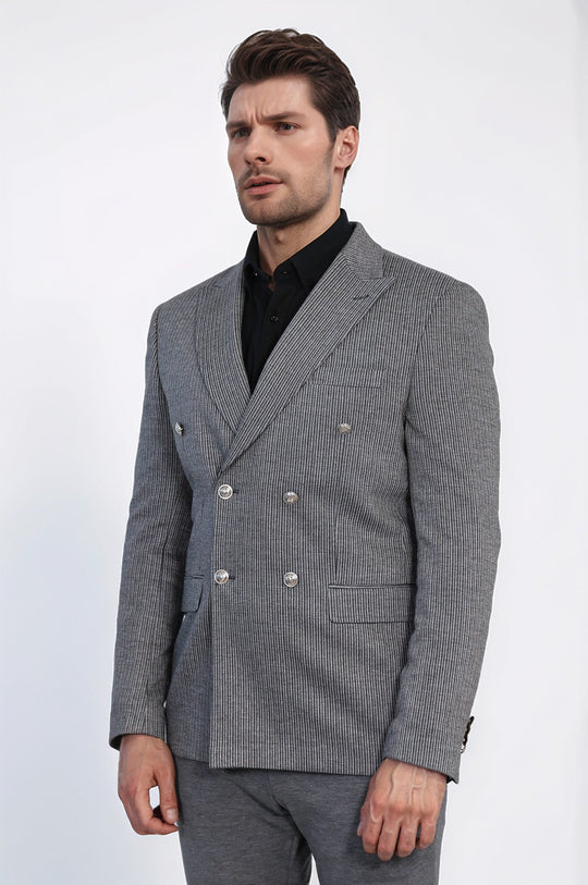 Anthracite Pinstriped Slim Fit Double-Breasted Blazer with Silver Metal Buttons – Wessi