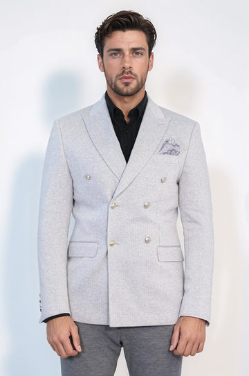 Gray Pinstriped Slim Fit Double-Breasted Blazer with Silver Metal Buttons – Wessi