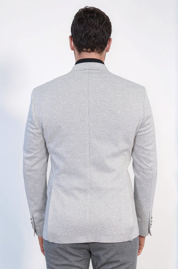 Gray Pinstriped Slim Fit Double-Breasted Blazer with Silver Metal Buttons – Wessi