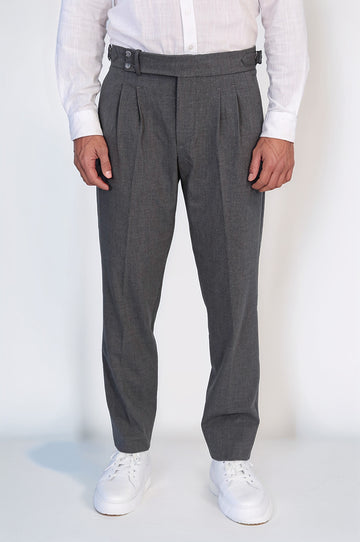 Anthracite Double-Pleated High-Waisted Slim Fit Trousers with Side Buckles – Wessi