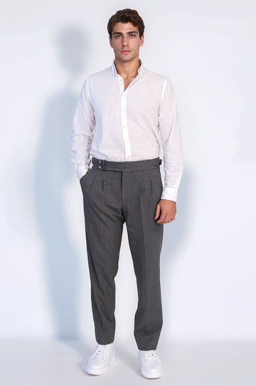 Anthracite Double-Pleated High-Waisted Slim Fit Trousers with Side Buckles – Wessi