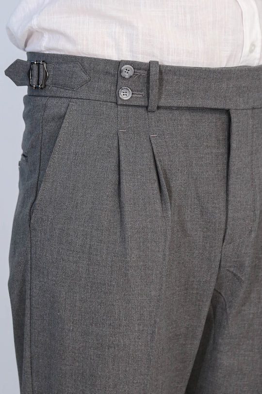 Anthracite Double-Pleated High-Waisted Slim Fit Trousers with Side Buckles – Wessi