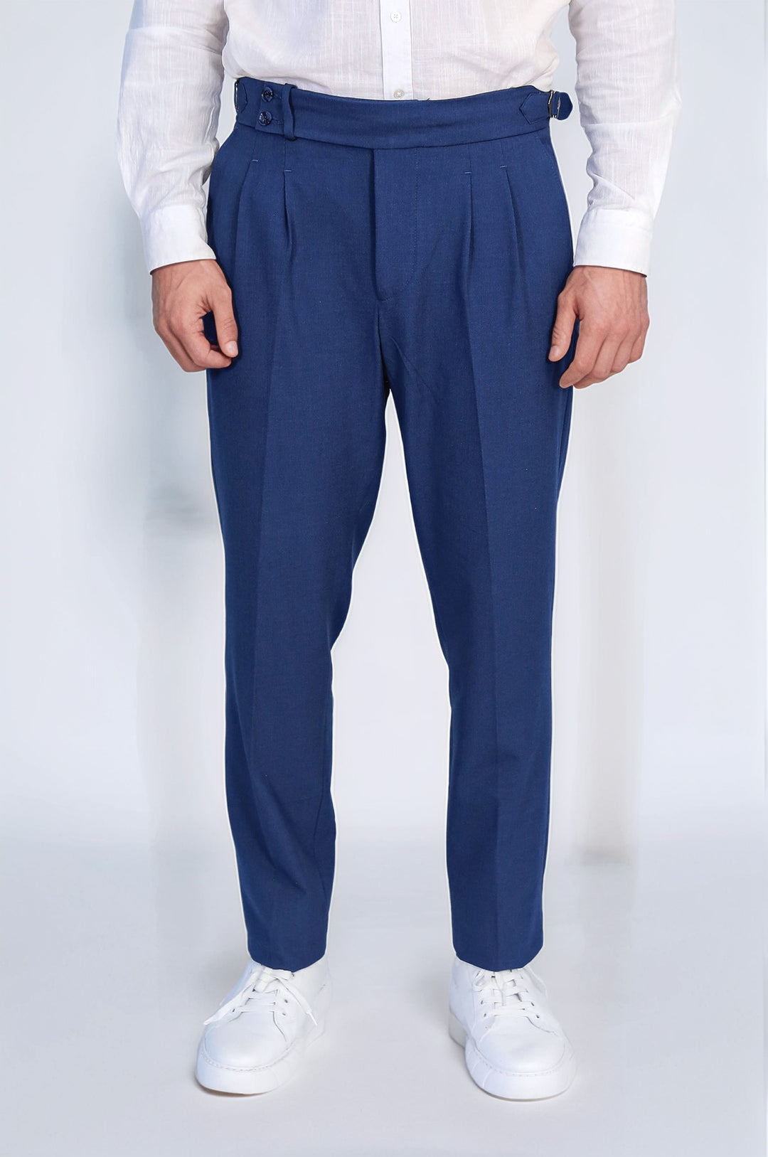 Sapphire Blue Double-Pleated High-Waisted Slim Fit Trousers with Side Buckles – Wessi