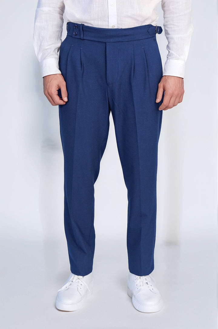 Sapphire Blue Double-Pleated High-Waisted Slim Fit Trousers with Side Buckles – Wessi