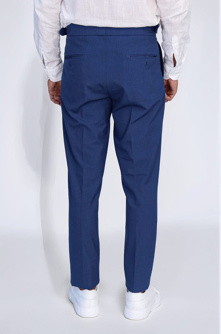Sapphire Blue Double-Pleated High-Waisted Slim Fit Trousers with Side Buckles – Wessi