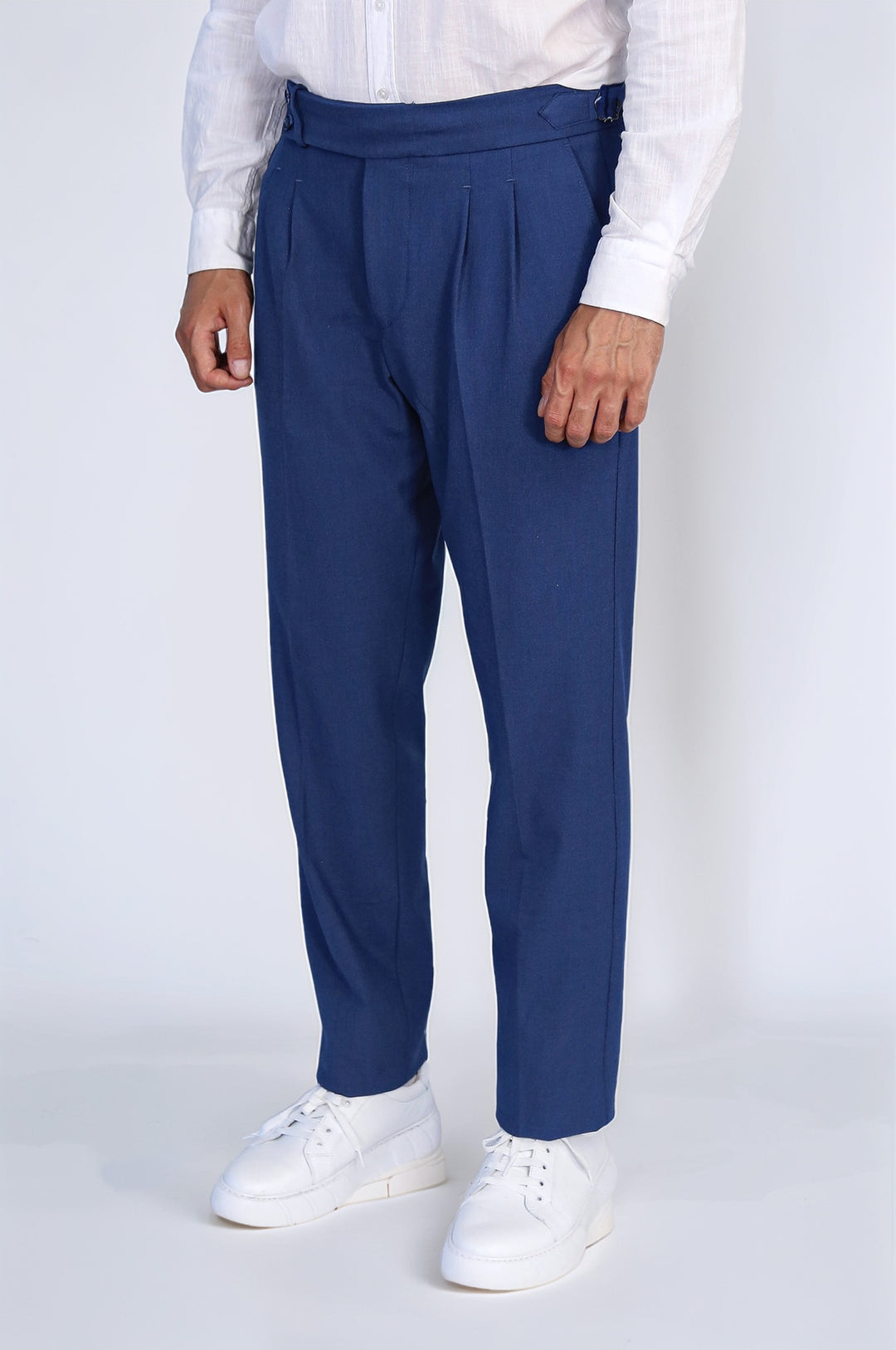 Sapphire Blue Double-Pleated High-Waisted Slim Fit Trousers with Side Buckles – Wessi