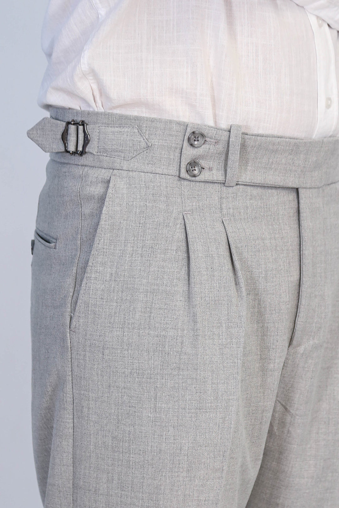 Gray Double-Pleated High-Waisted Slim Fit Trousers with Side Buckles – Wessi