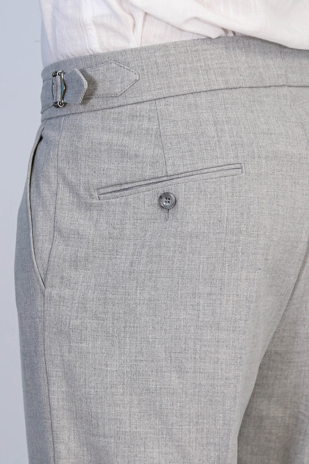 Gray Double-Pleated High-Waisted Slim Fit Trousers with Side Buckles – Wessi