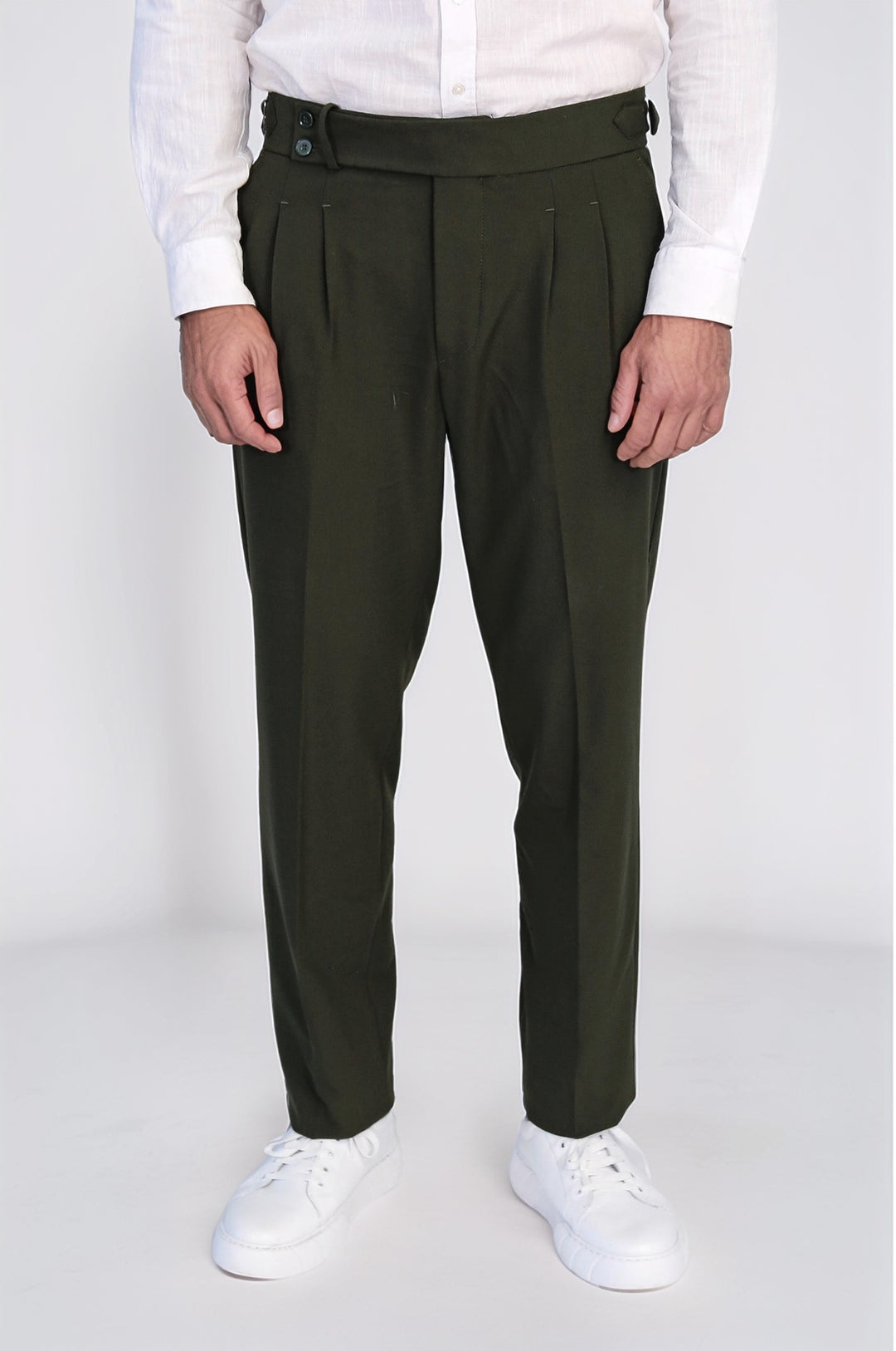 Khaki Double-Pleated High-Waisted Slim Fit Trousers with Side Buckles – Wessi