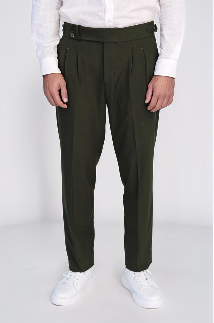 Khaki Double-Pleated High-Waisted Slim Fit Trousers with Side Buckles – Wessi
