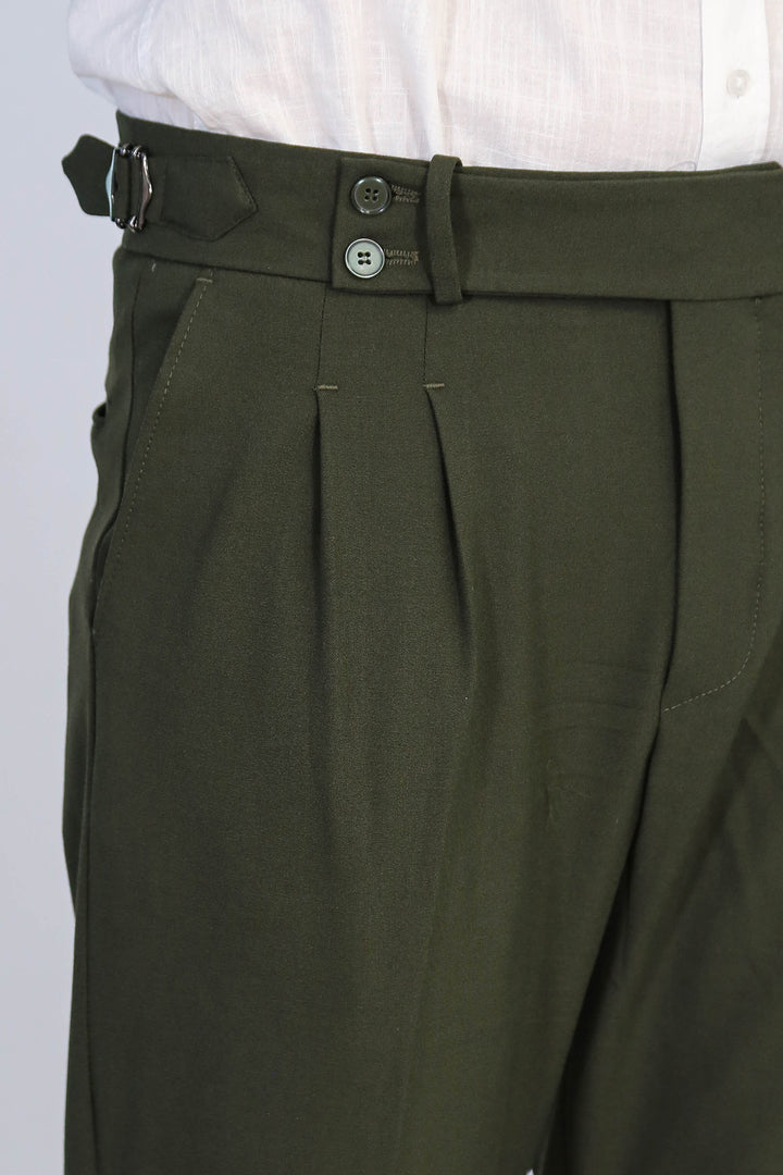 Khaki Double-Pleated High-Waisted Slim Fit Trousers with Side Buckles – Wessi