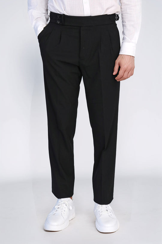Black Double-Pleated High-Waisted Slim Fit Trousers with Side Buckles Wessi - Discover Diversity Black Double-Pleated High-Waisted Slim Fit Trousers with Side Buckles Wessi - Discover Diversity