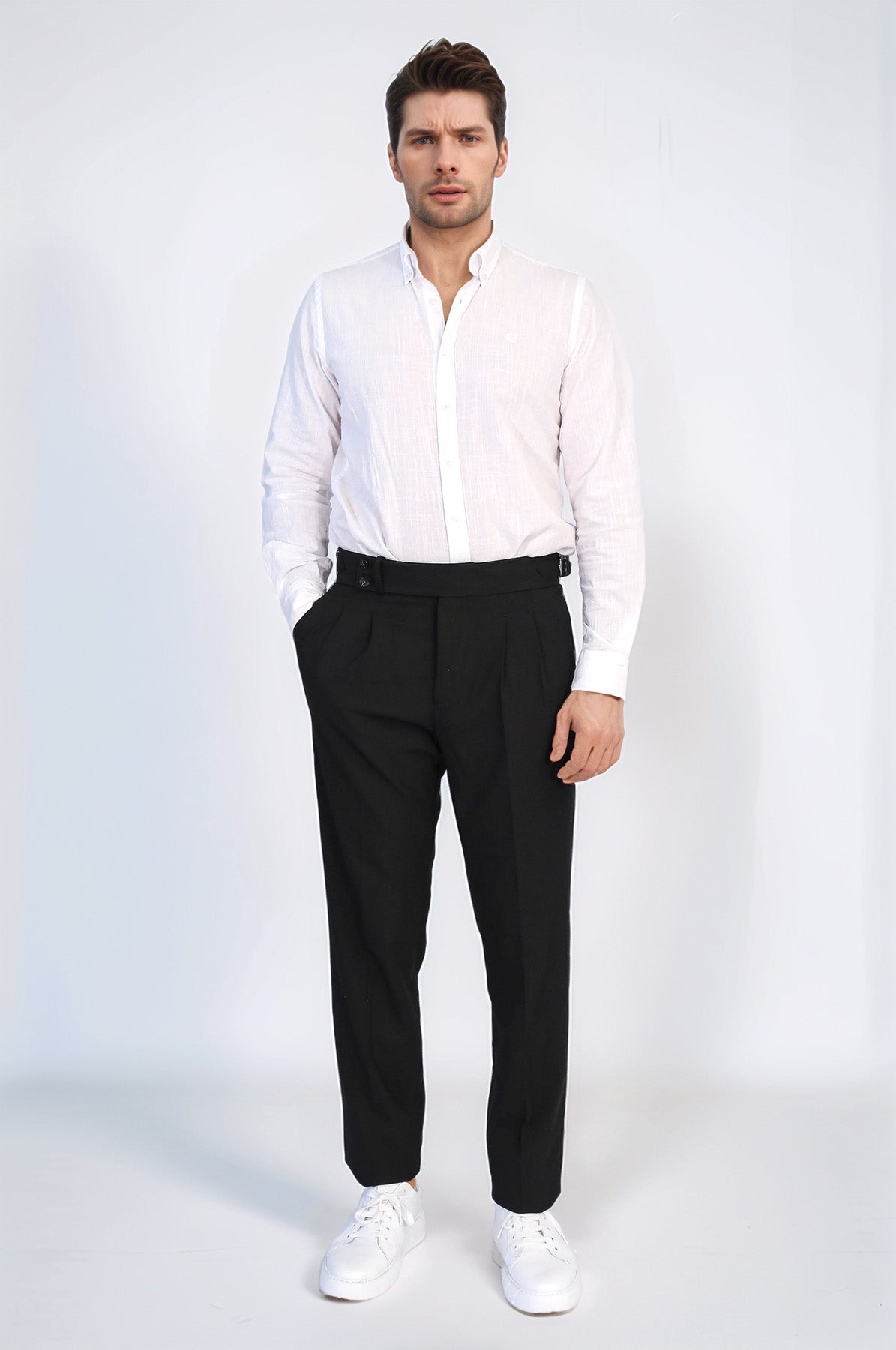 Black Double-Pleated High-Waisted Slim Fit Trousers with Side