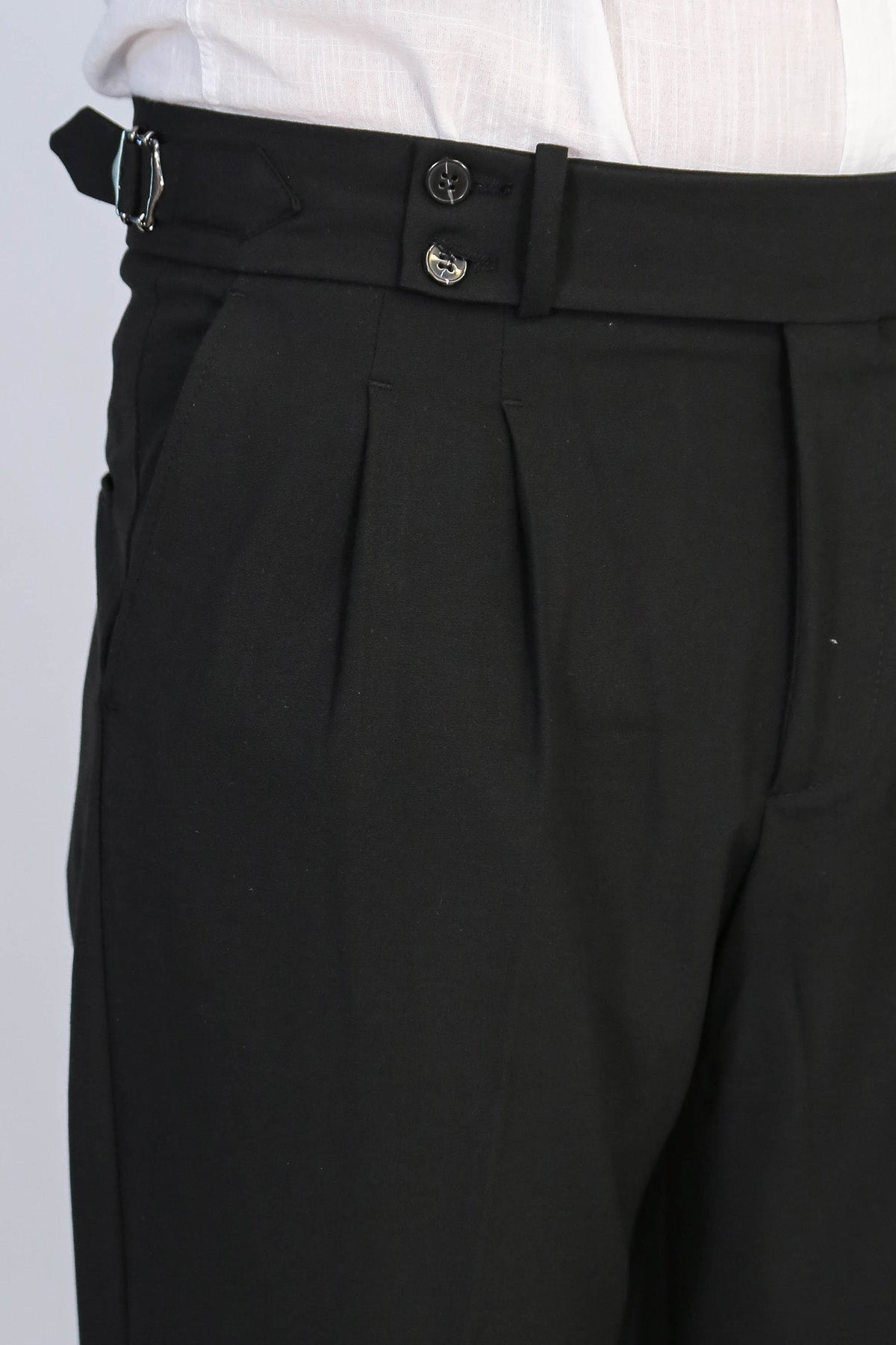 Black Double-Pleated High-Waisted Slim Fit Trousers with Side