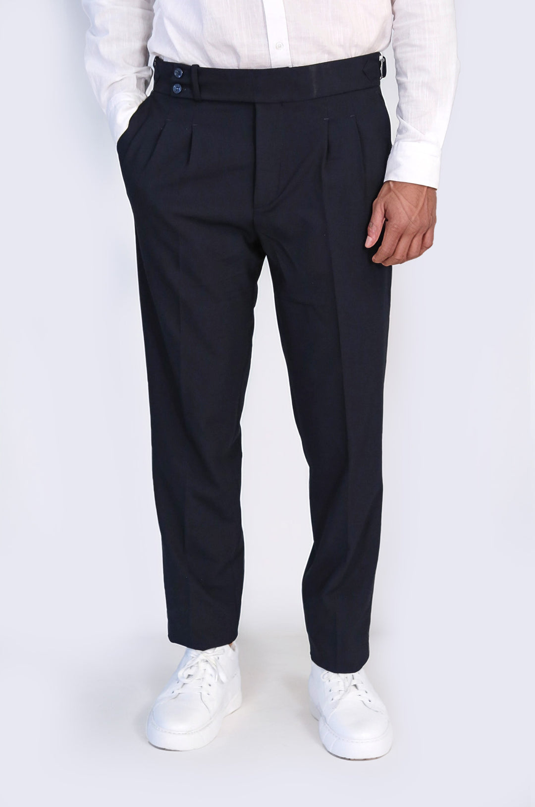 Navy Double-Pleated High-Waisted Slim Fit Trousers with Side